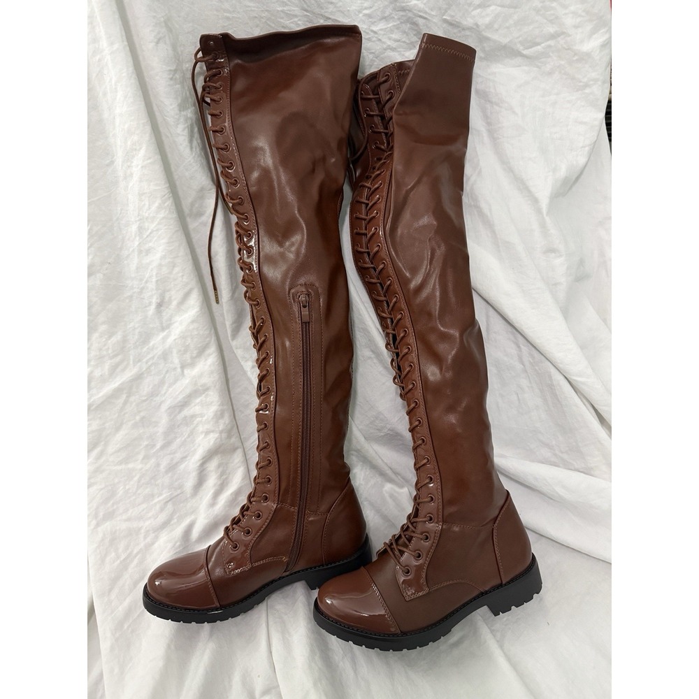 Azalea Wang Revived Brown Lace Up Boots Thigh High Sz 7 Round Toe Combat